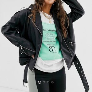 Misguided Learher Look Boyfriend Biker Jacket